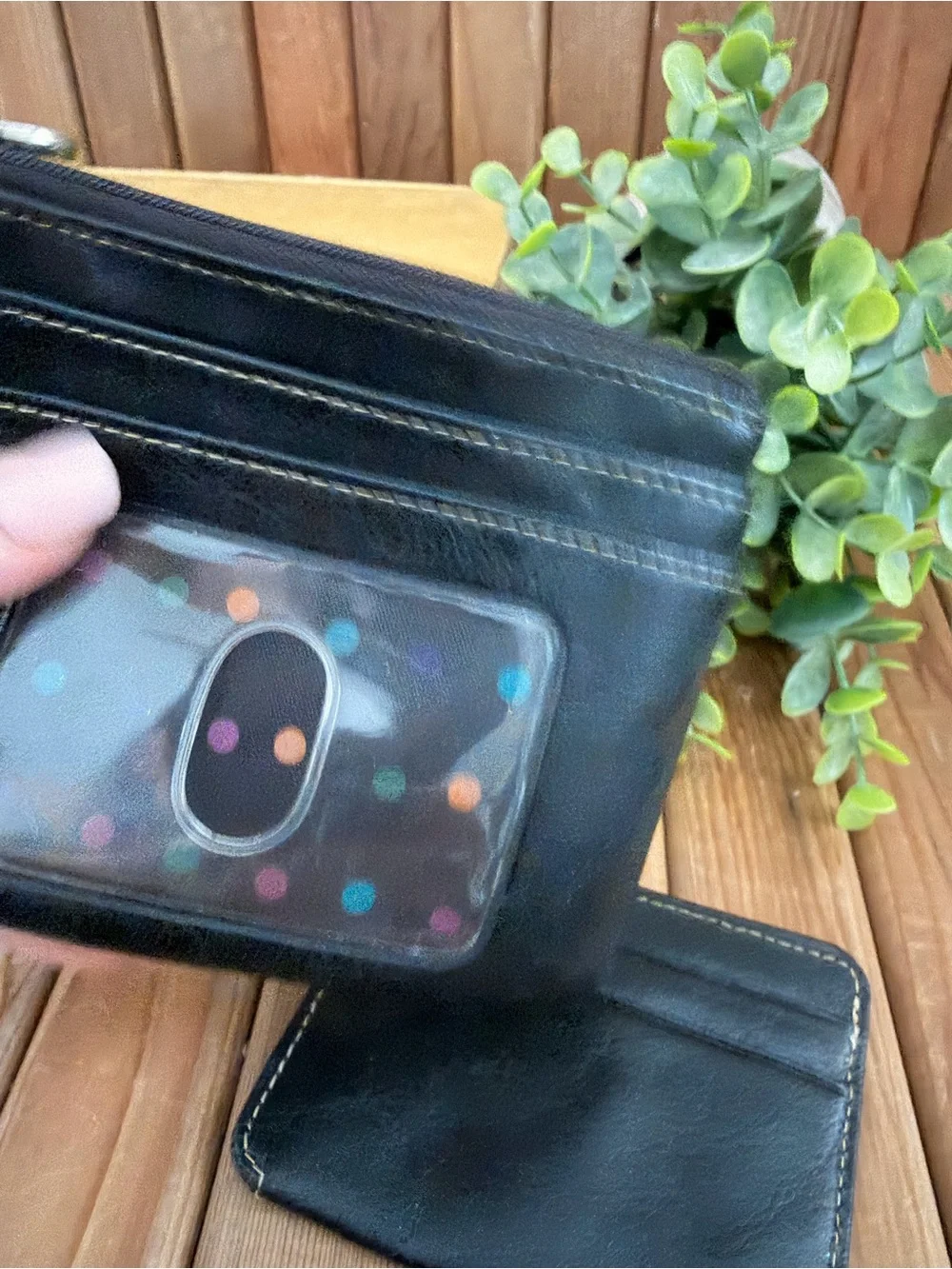 Black Leather Card Wallet with Polka Dot Lining & ID Window,Removable Key Pocket